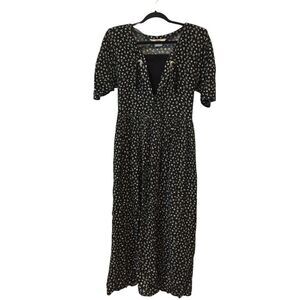 Roper Dress Womens Large Black White Knit Pleated V Neck Maxi Symbols Drawstring